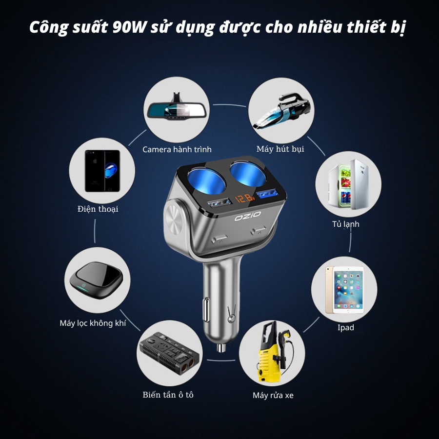 Tẩu sạc ô tô - Tẩu chia nguồn ô tô Cao Cấp 2 ổ - Kèm 2 Cổng USB hỗ trợ sạc nhanh các thiết bị