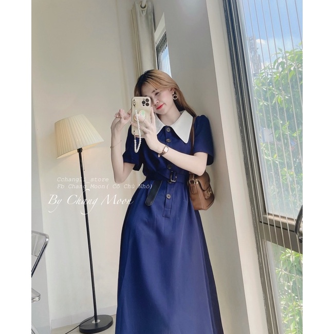 Váy xanh cổ sơ mi trắng phong cách hàn quốc( ảnh shop chụp)