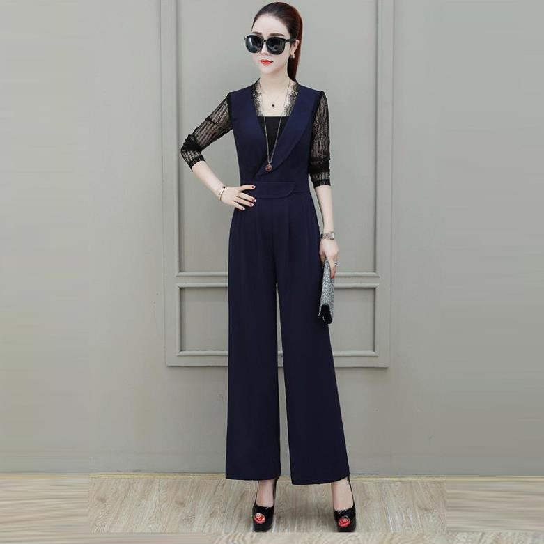 [Hàng thiết kế giá sỉ ]Jumsuit Dài Xanh Navy Ống Suông Tay Phối Ren Lưới Thời Trang - TP1861 hàng vnxk