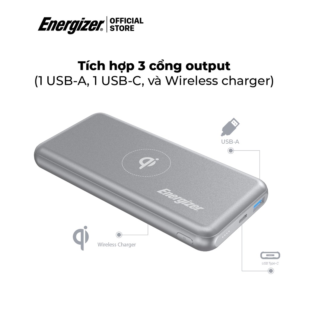 Sạc dự phòng Energizer 10000mAh QE10007PQ - tích hợp sạc nhanh đa nền tảng, sạc không dây 10W chuẩn Qi, PD 18W