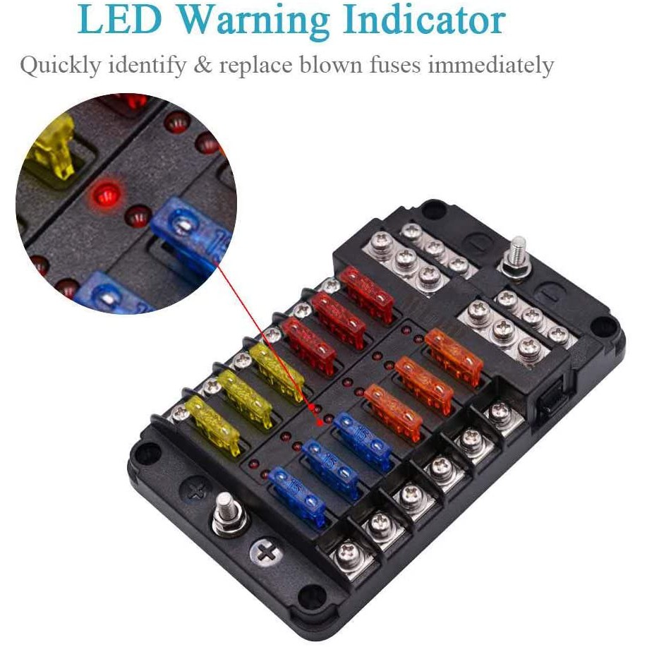 Bảng Cầu Chì Kèm Đèn LED Cảnh Báo Chống Nước 12 Mạch Kèm Hộp Cầu Chì Cho Xe Hơi/Tàu Thuyền RV DC 12-24V