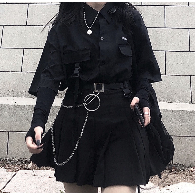 Áo sơ mi tay lỡ túi hộp form rộng unisex nam nữ hiphop + chân váy xếp ly ngắn cá tính Châu Âu