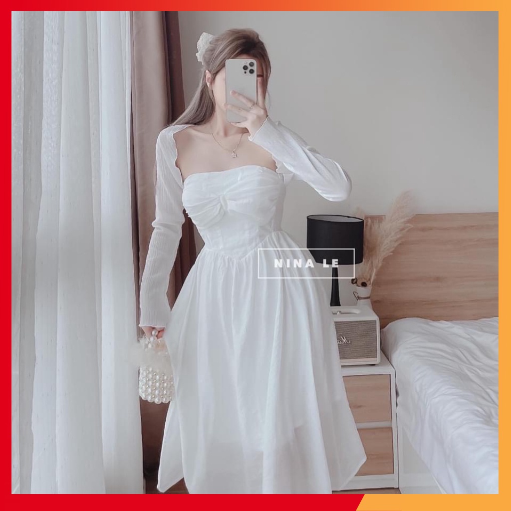 Váy Đầm nữ dự tiệc đi chơi cúp ngực dáng dài midi kèm khoác vải tơ cao cấp sang chảnh đẹp xinh hàn quốc trắng đơn giản