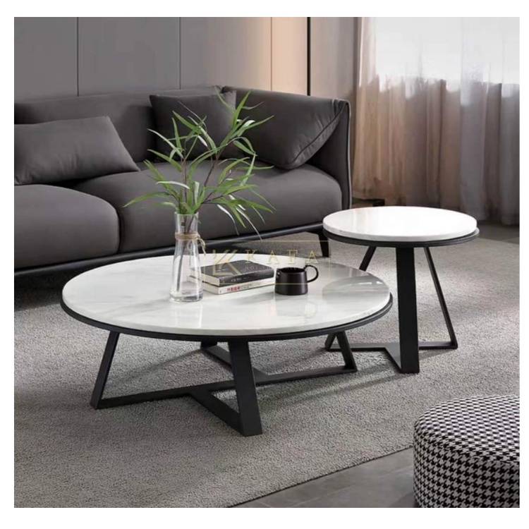 Bàn trà đôi sofa H2 Furniture mặt đá vân mây 3D khung kim loại sơn tĩnh điện bền đẹp cho phòng khách, ban công