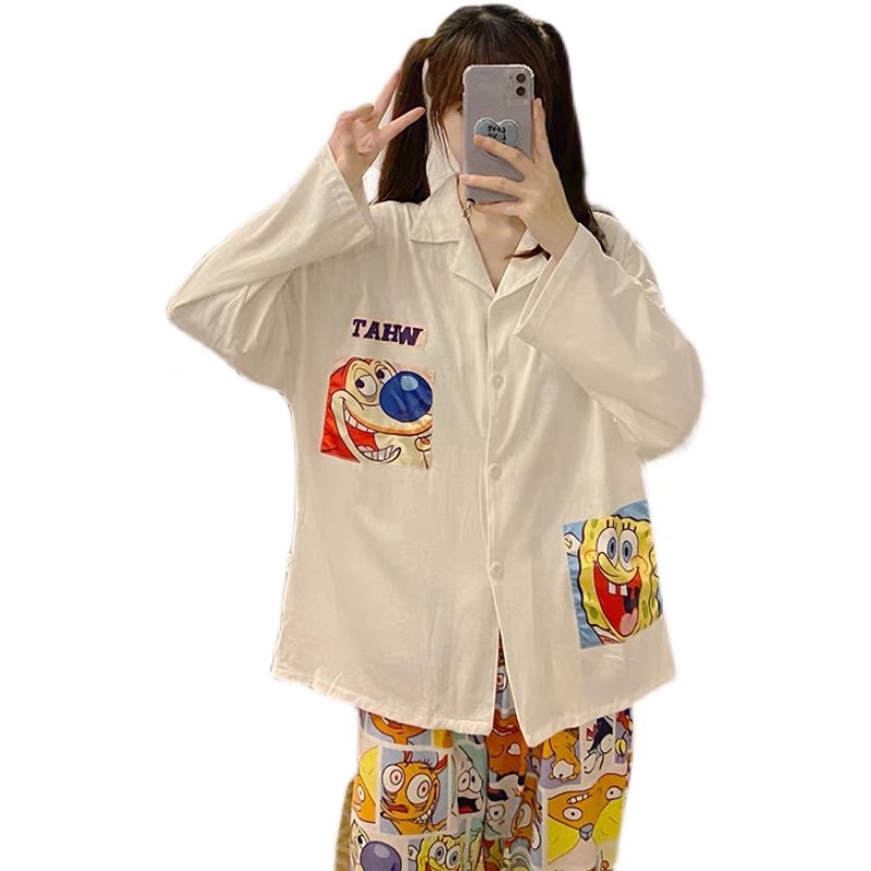 Bộ đồ ngủ phong cách Hàn Quốc áo trắng, quần hoạ tiết dễ thương | BigBuy360 - bigbuy360.vn