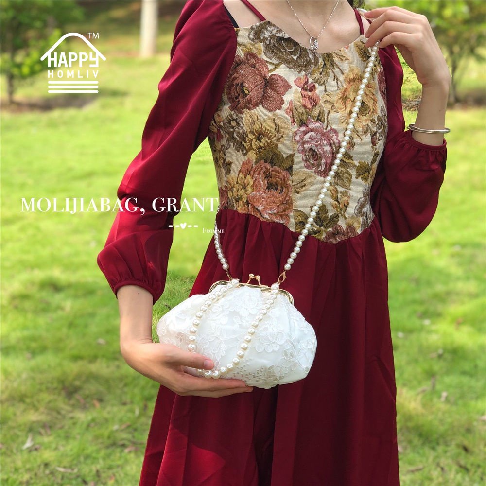 Túi xách đeo chéo HAPPY HOMLIV handmade màu trắng đính ngọc trai thời trang mùa hè cho nữ đi tiệc