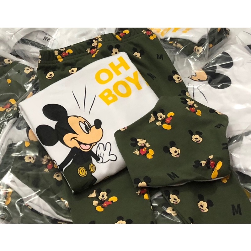 Bộ cotton dài tay kèm yếm cổ Mickey trắng rêu 1-6Y