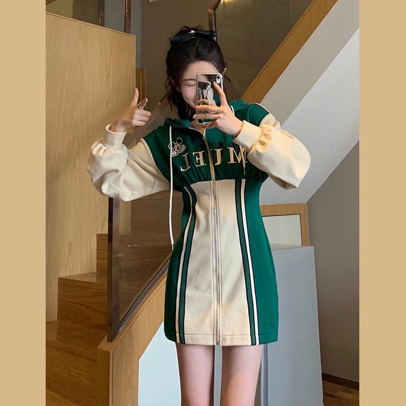 Đầm hoodie dài tay thiết kế mới thời trang mùa thu đông theo phong cách pháp