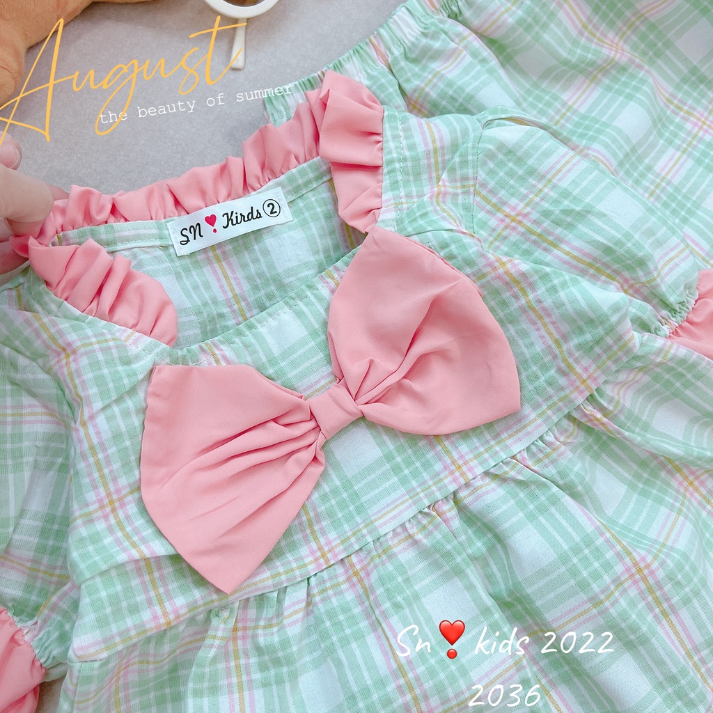 Bộ đồ dài tay phối cổ riềm đính nơ cho bé gái cực dễ thương 8-20kg
