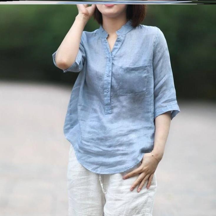 Áo sơ mi nữ cổ trụ tàu , tay lỡ vải đũi xước tơ mềm form rộng phong cách hàn quốc cao cấp ྇