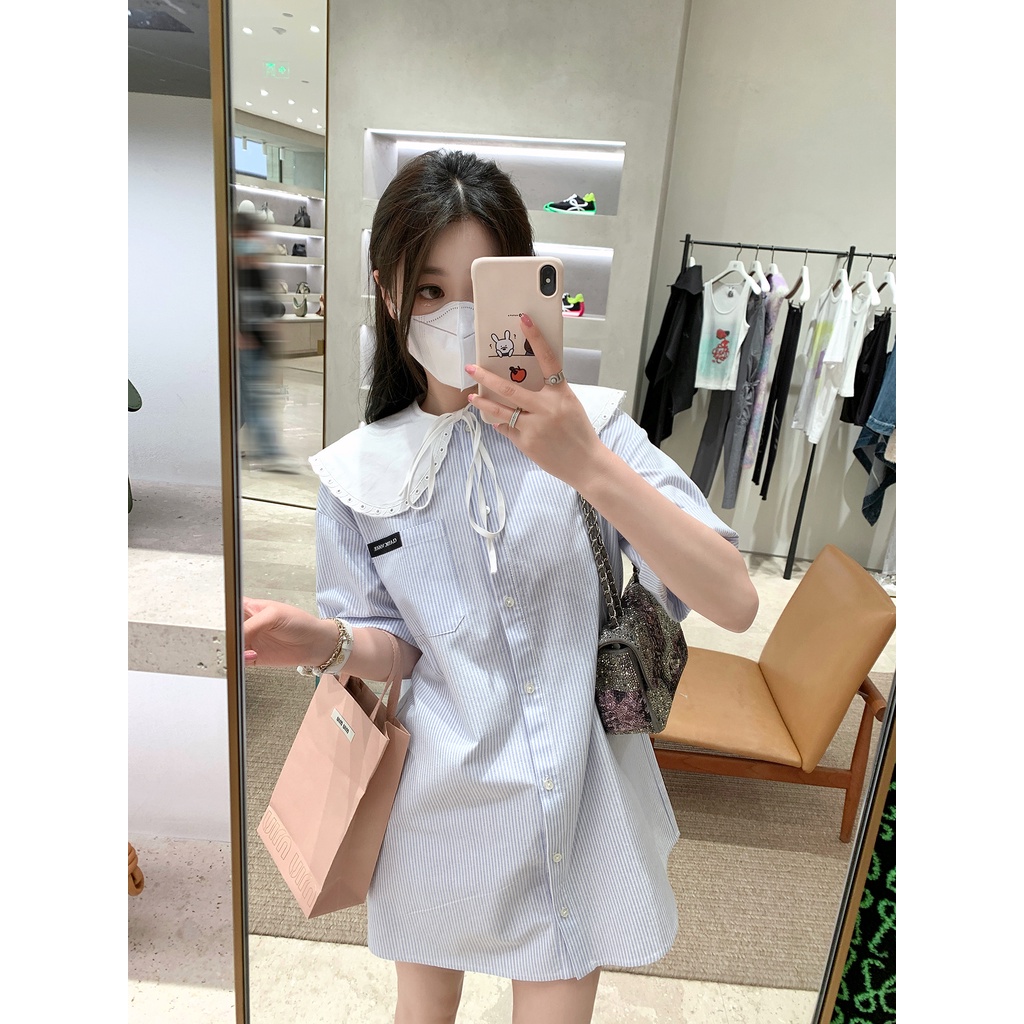 Đầm Sơ Mi Cổ Búp Bê Họa Tiết Kẻ Sọc Thiết Kế Mới Thời Trang Mùa Hè Dành Cho Nữ