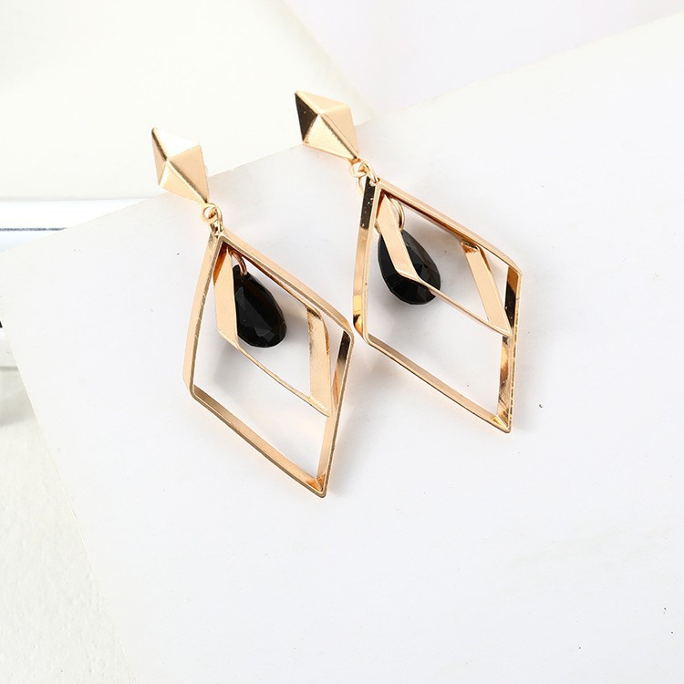 Bông Tai Bạc S925 Hàn Quốc Hình học đơn giản Cá tính Kim Cương Đen