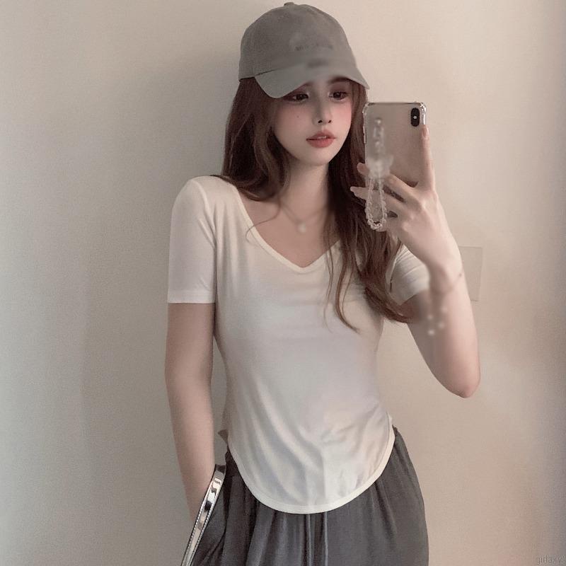 Áo thun tay ngắn cổ chữ V màu sắc đơn giản thời trang Hàn Quốc trẻ trung dành cho nữ
