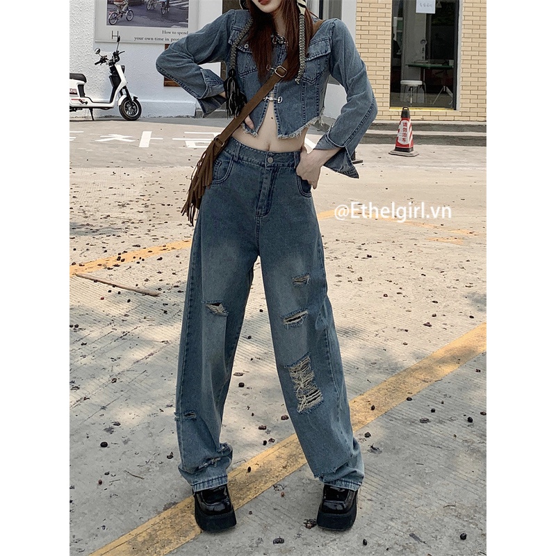 Set Áo Khoác Denim Tay Dài + Quần Jeans Rách Lưng Cao Ống Rộng Phong Cách Hong Kong