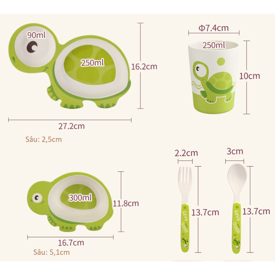 Set 5 món Khay, Bát, Cốc, Thìa, Dĩa ăn dặm hình con rùa hữu cơ tự nhiên SHALL