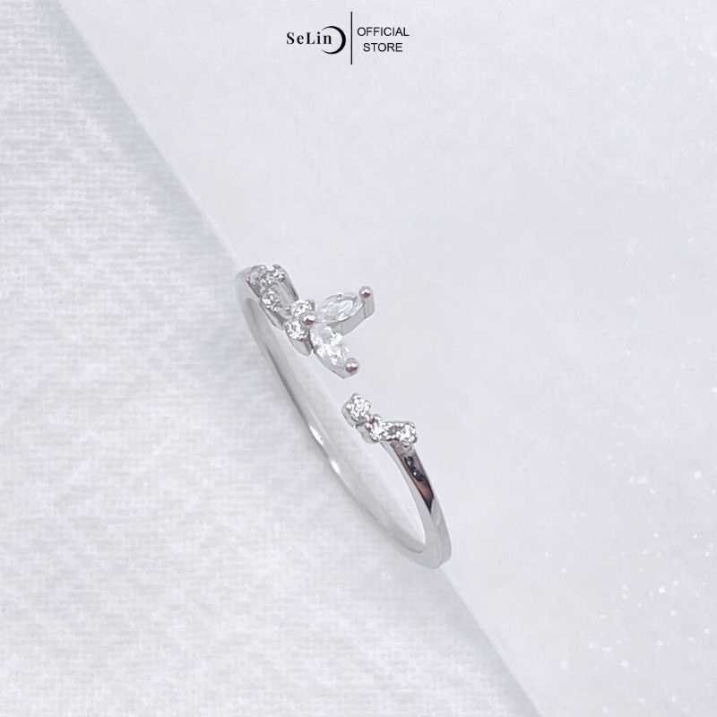 Nhẫn bạc nữ 925 đính đá hình lá nguyệt quế Laurel có điều chỉnh kích thước SELIN JEWELRY