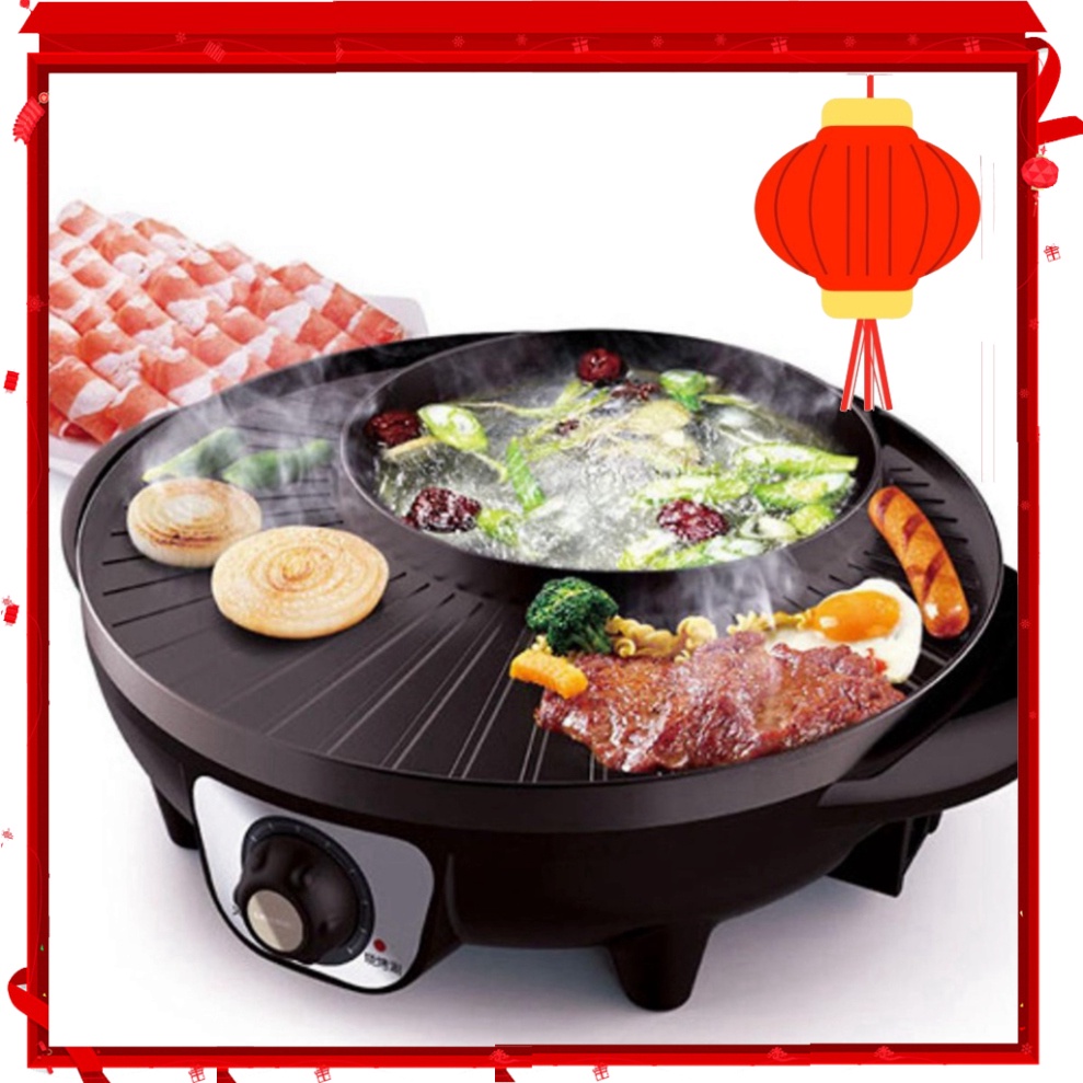 Nồi Lẩu Điện, Bếp Lẩu Kèm Nướng 2 in 1 Đa Năng 34cm, Công Suất 1800W, Bảo hành 12 tháng 💖 SKT Mart