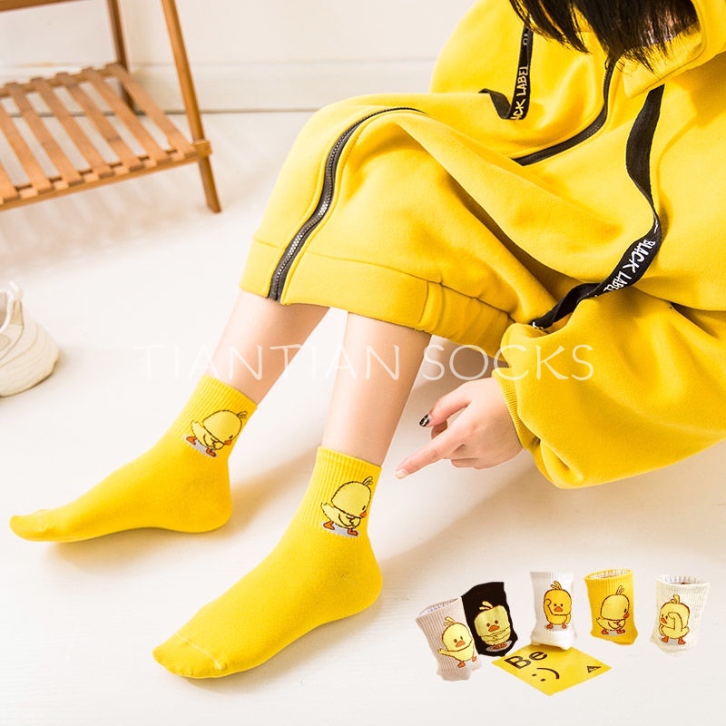 TIAN TIAN T119 Tất nữ Hàng cao cấp Vớ thể thao thu đông bằng Cotton nguyên chất hình vịt vàng nhỏ hoạt hình độc đáo phong cách Hàn Quốc dễ thương