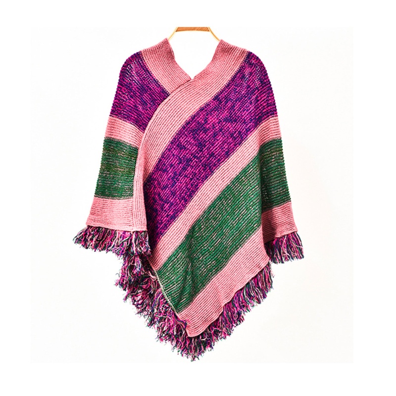 Áo Choàng Len Chui Đầu Họa Tiết Kẻ Sọc Phối Tua Rua Màu Sắc Dân Tộc Cho Nữ | BigBuy360 - bigbuy360.vn