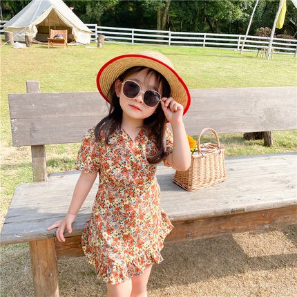 Đầm Hoa Ngắn Tay Cổ Chữ V Cho Bé Gái