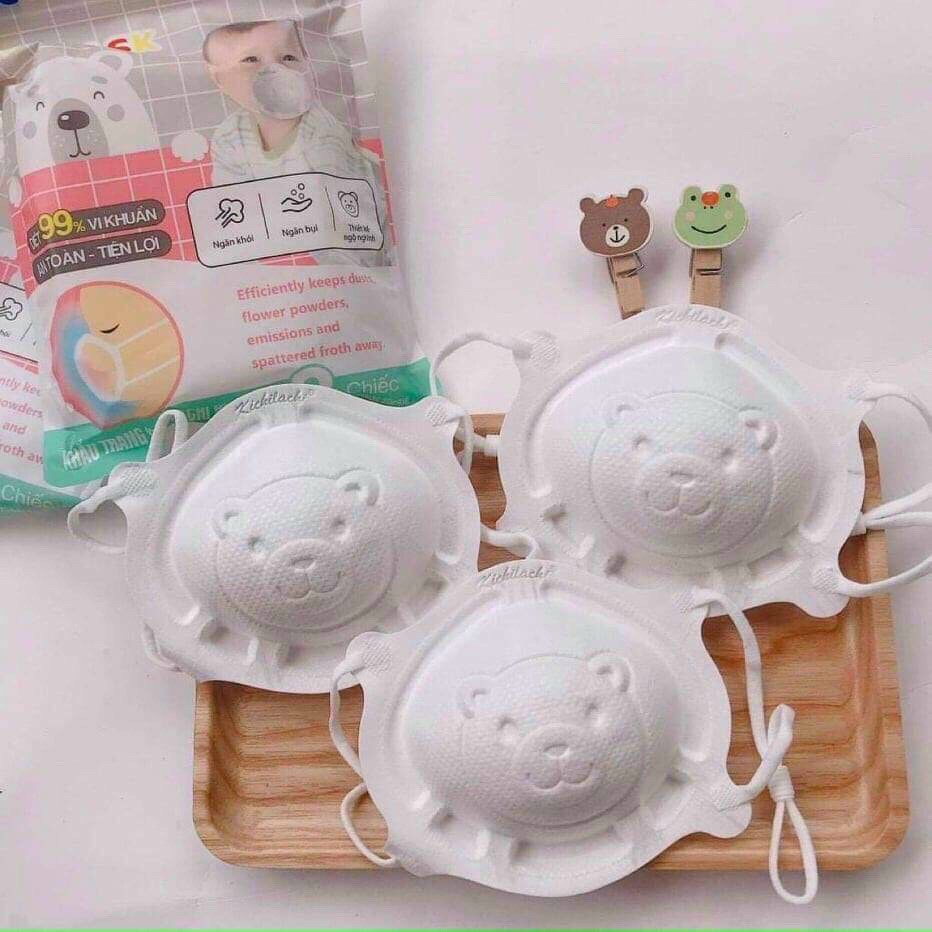 Túi 3 khẩu trang 3D gấu Kichilachi có thể điều chỉnh quai cho bé từ 1-6 tuổi