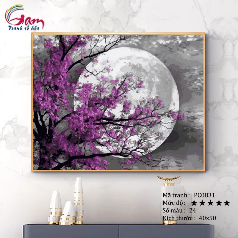 Tranh sơn dầu số hoá phong cảnh đêm trăng hoa tím GAM có căng khung 40x50cm PC0831