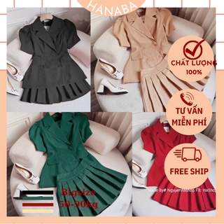 Set áo vest blazer chân váy xếp ly tay ngắn bigsze 55-90kg màu đỏ đen nude xanh hanaba