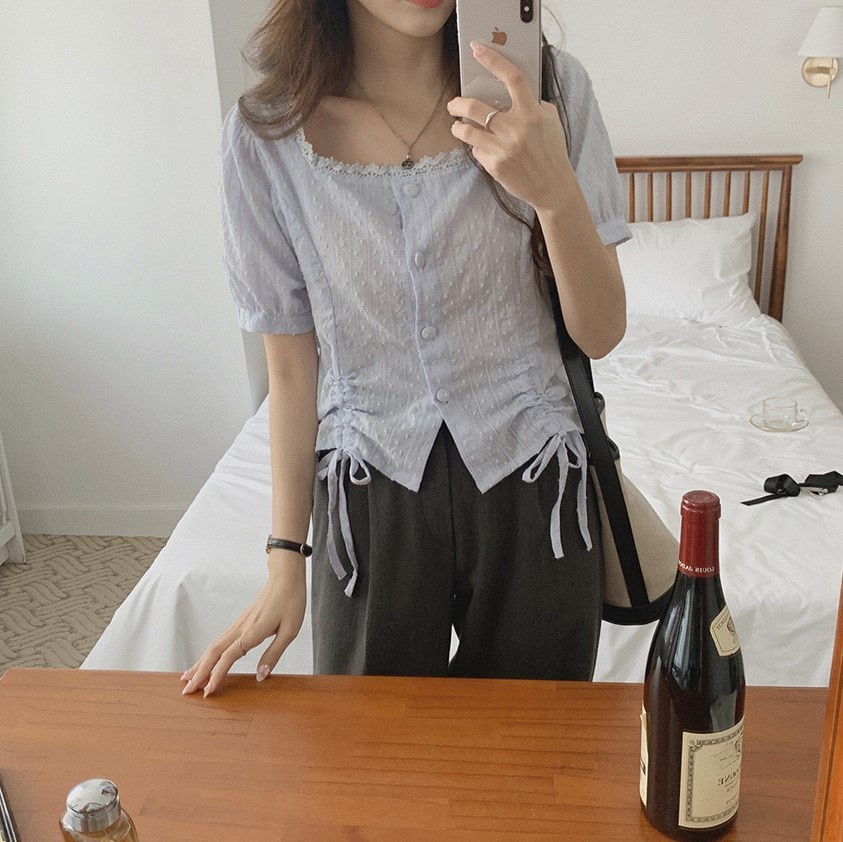 Áo Sơ Mi Ngắn Tay Cổ Vuông Thêu Ren Dây Rút Thời Trang Sành Điệu 53669