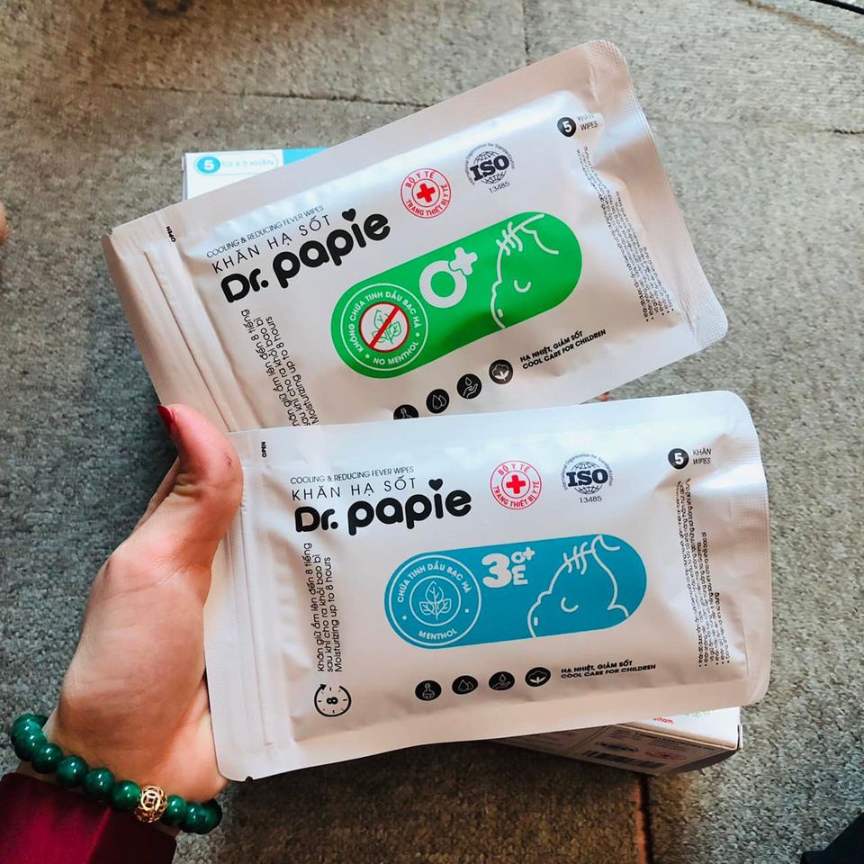 Khăn Lau Hạ Sốt 0+ 3+ Dr Papie Cho Bé, Hạ Nhiệt Giảm Sốt Ngắn Ngừa Co Giật Hộp 25 Cái