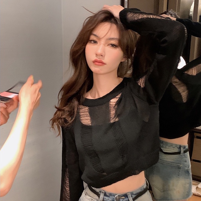 Áo cardigan dệt kim ZHELIHANGFEI tay dài eo cao cột dây trẻ trung thời trang