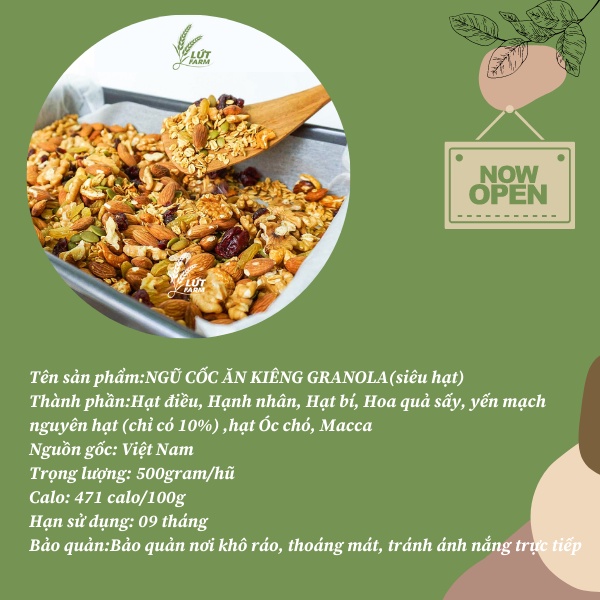 [SIÊU HẠT] Granola LỨT FARM 500g 90% hạt, Macca, Óc chó vàng Granola Ăn kiêng, Giảm cân