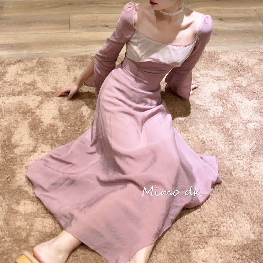 freeship-Đầm dự tiệc cổ vuông kiểu tay áo xẻ tà cho nữ(hàng order)