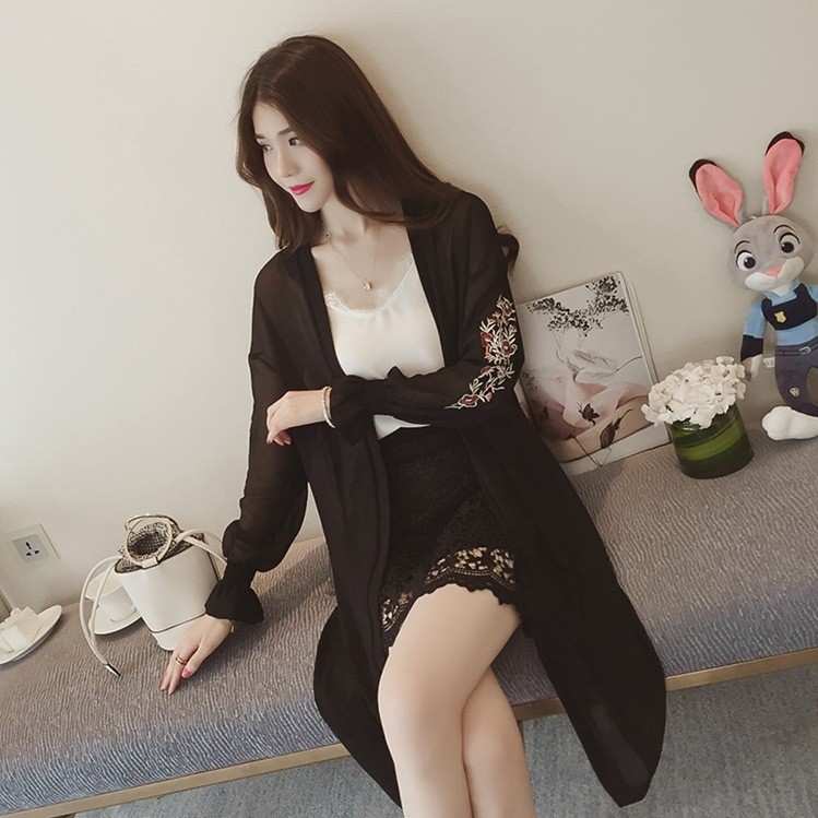 Aó khoác dài CARDIGAN nữ mùa hè 2019 chất voan dài tay thêu hoa chống nắng YT.01526