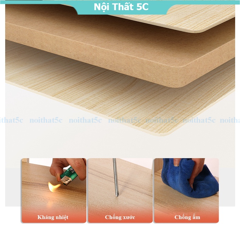 Giá sách khung sắt 5 tầng màu gỗ sáng, kệ để sách mặt gỗ MDF dễ lau chùi có bánh xe di chuyển thông minh