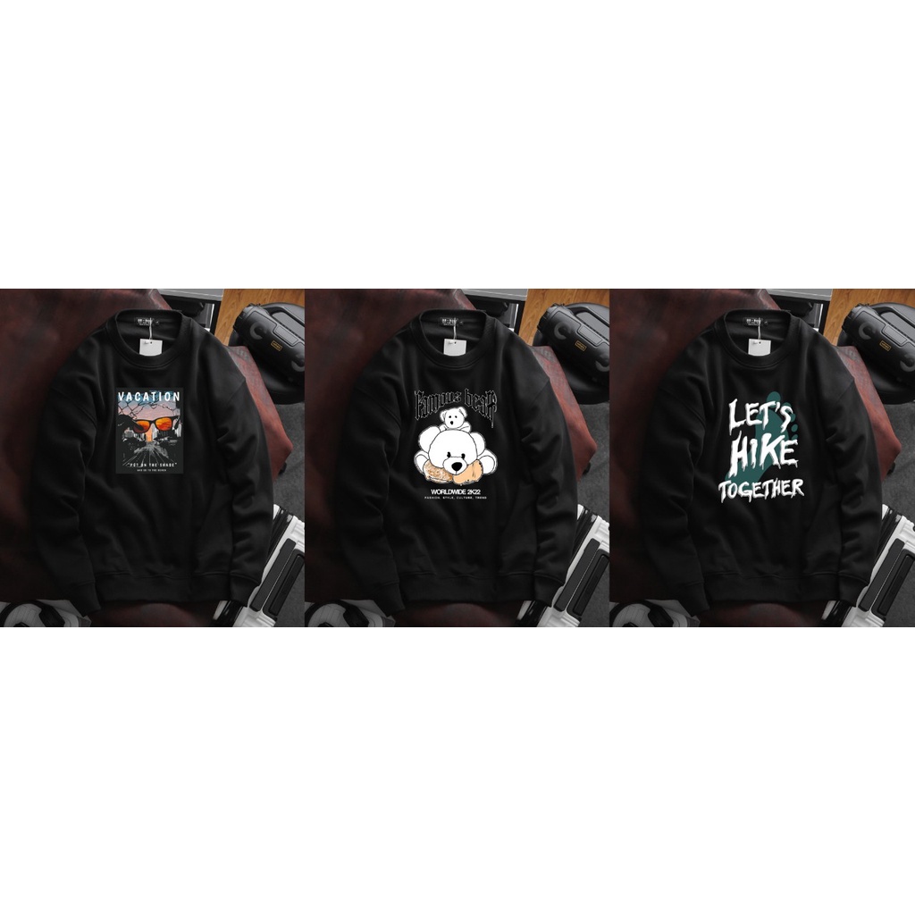 Áo sweater nam vải nỉ form bigsize 90kg - 120kg - in chữ Vacation, Lest hike và hình gấu