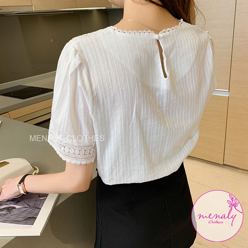 Áo kiểu nữ hàn quốc trắng côc tay phồng phối ren AH037, mẫu áo kiểu dáng đơn giản lịch sự, đi làm đi chơi