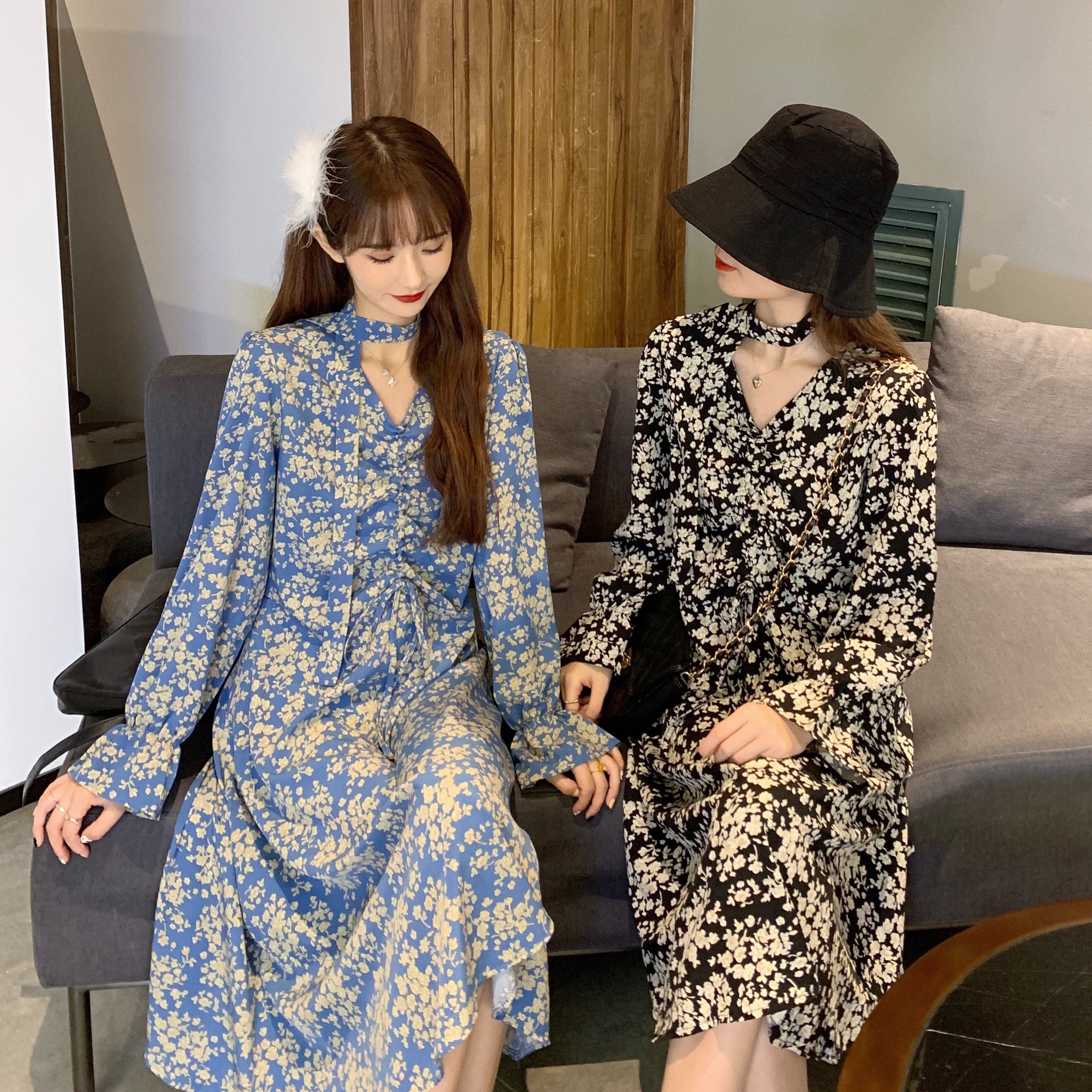 Đầm nữ dài tay bồng Retro 2021, Váy vintage tiểu thư dáng dài xòe màu đen xanh cổ V tặng kèm dây sang chảnh hàn quốc | BigBuy360 - bigbuy360.vn