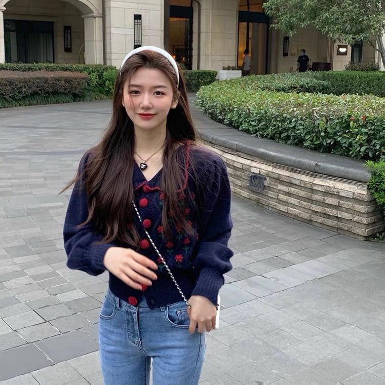 Áo Khoác Cardigan Dệt Kim Cổ Búp Bê Thêu Họa Tiết Xinh Xắn Cho Nữ  tao bao