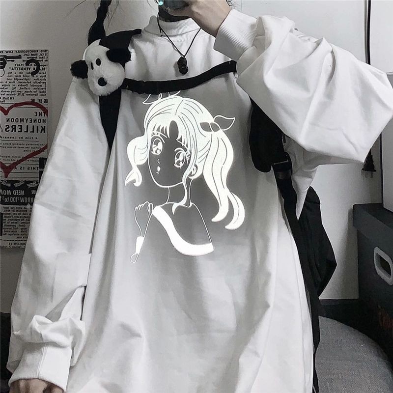 [Order] (G5) Áo thun dài tay dạ quang Nhật Bản in hình cô gái loại đẹp màu trắng - đen