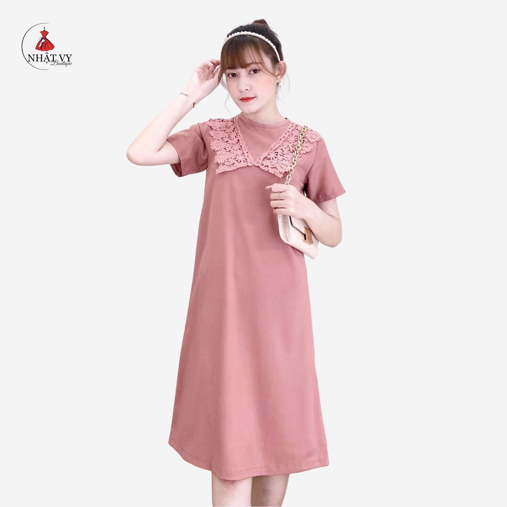 Đầm Nữ NHẬT VY Cotton Phối Ren Cổ Tay Ngắn Đi Chơi Dáng Suông Màu Hồng, Đen - D1722