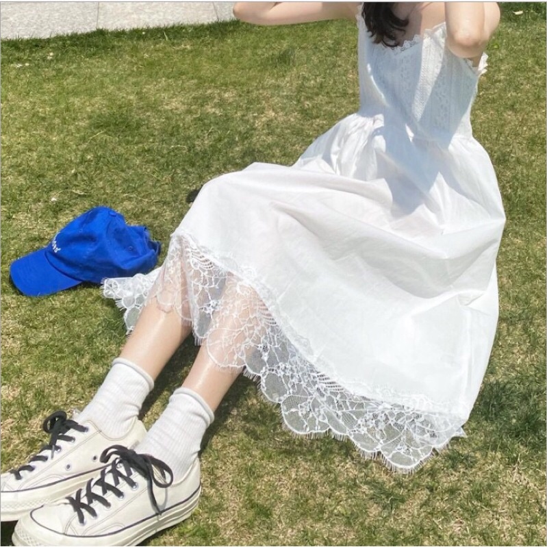 Váy 2 dây trắng babydoll phối ren tiểu thư đầm 2 dây dáng dài xòe 2 lớp dày dặn vintage