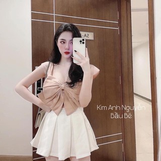 Set áo nơ hồng mix chân váy xếp li trắng hothit