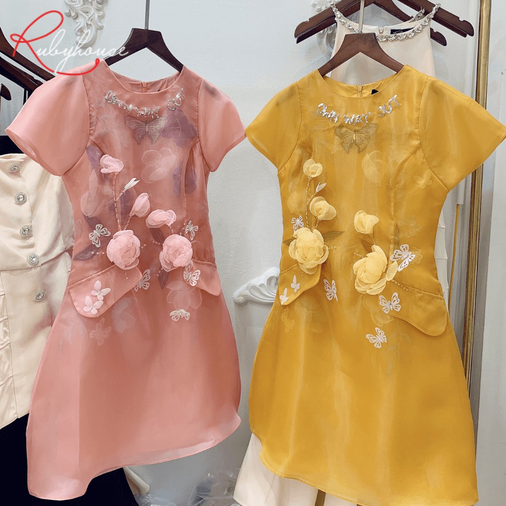 Váy Đầm Thiết Kế RUBY HOUSE Đính Hoa 3D, Ôm Form Tinh Tế, Dáng Thanh Lịch, Chất Organza Cao Cấp 3008