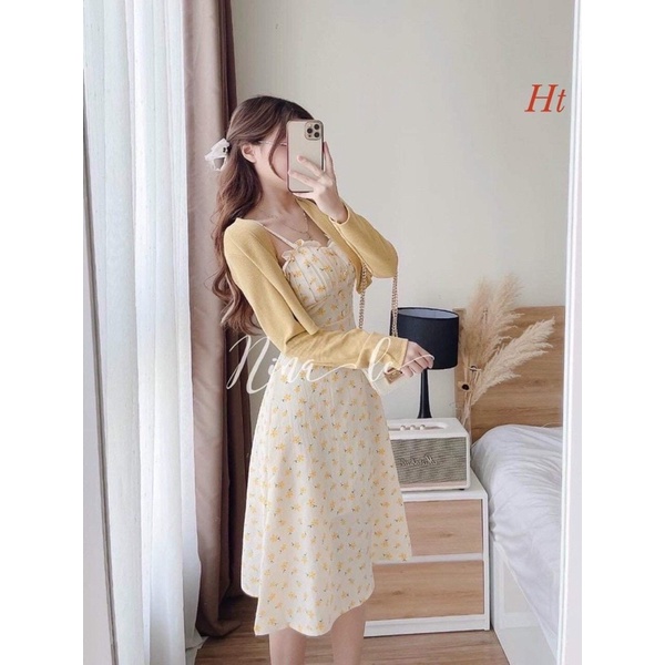 Set váy 2 dây hoa vàng + áo khoác H2S877