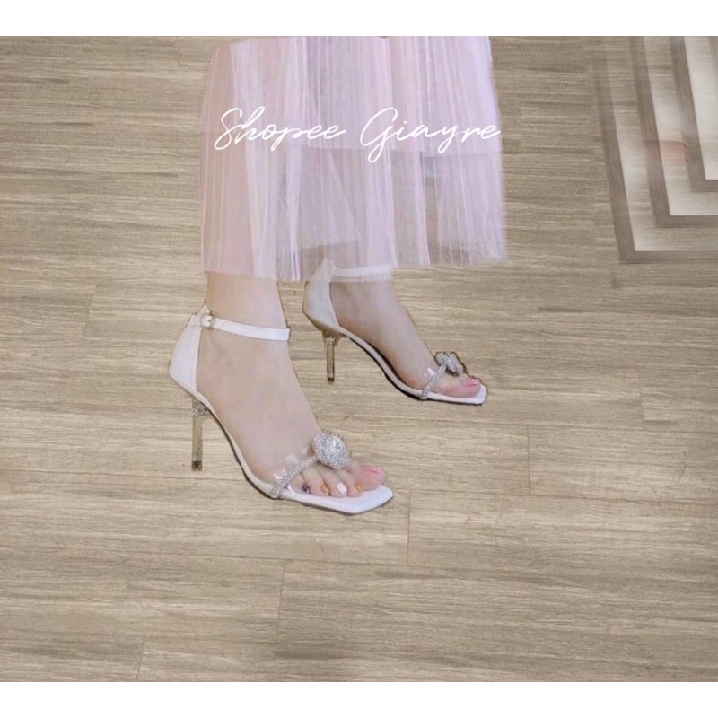 Sandal quai mica phối dây hột đá tròn gót 7p cao cấp