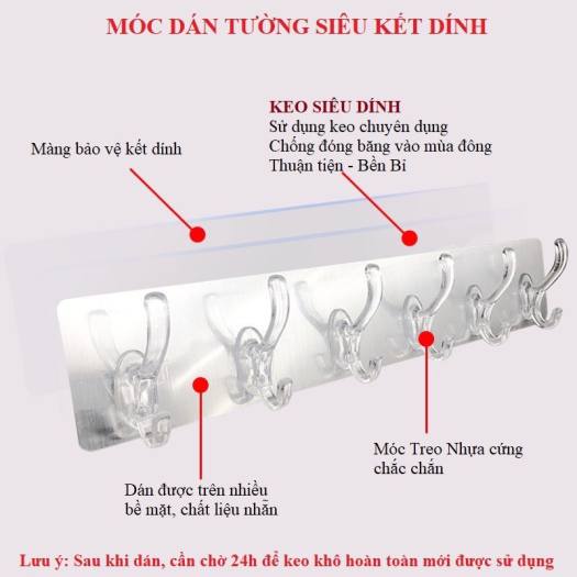 Thanh Treo Đồ Dán Tường 6 Móc Liền Mạch Trong Suốt Siêu Chắc Chịu Lực Tốt - Vỉ 6 móc dán tường trong suốt