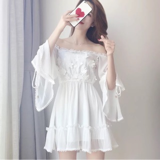 [ORDER] Váy trắng trễ vai tiểu thư xẻ tà