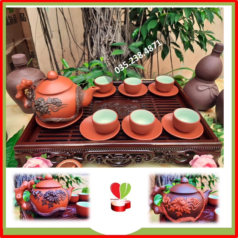 [Tặng 2 chén] Bộ Ấm Chén Tử Sa Bát Tràng Trạm Hoa Nổi Cực Sang Trọng, Tinh Tế.