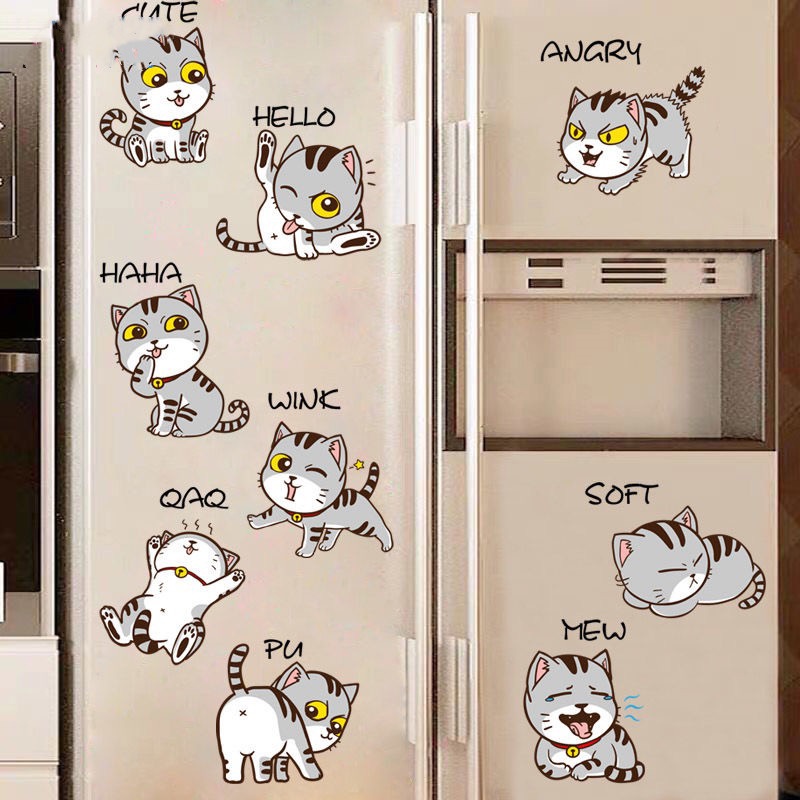 Sticker dán tường PVC chống nước hình mèo hoạt hình nhiều màu sắc trang trí phòng trẻ em