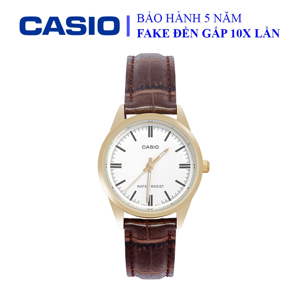 Đồng hồ Casio nữ dây da thể thao, mặt trắng viền vàng sang trọng, chống nước WR30M đi bơi (LTP-V005GL-7AUDF)